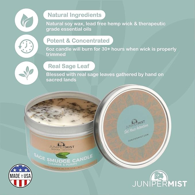 Sage Smudge Candle with White Sage Leaf (6oz) Manifest & Cleanse - Pure Sage Energy Cleansing Candle for Meditation – Spiritual for Protection & Intention – Soy Wax - Made in USA