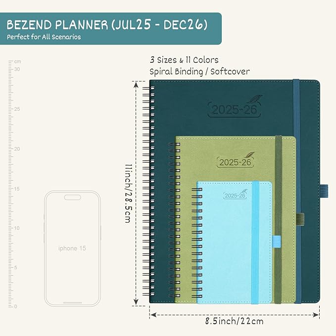 BEZEND Planner 2025-2026 Weekly and Monthly, 8.5" x 11" Academic Calendar (Jul 25-Dec 26) Vertical Daily Appointment with Hourly Timeslot & Monthly Tab, Spiral, PU Leather Softcover - Turquoise