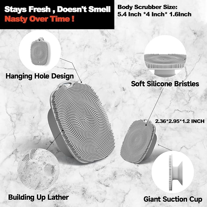 Soft Silicone Body Scrubber, Gentle Like a Hand Exfoliating Your Skin and Build Up Lather, Back Large Suction Cup Easy to Store, & Deep Clean (Body Scrubber + Face Scrubber Gray)