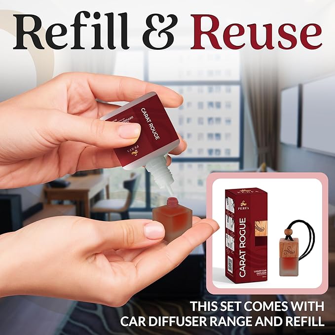 Carat Rouge Car Air Fresheners Gift Set | Luxury Perfume-Inspired Car Air Freshener for Women | Strong and Sophisticated Car Scents for Women | Refillable Essential Oil Infused Car Cologne by Perfa