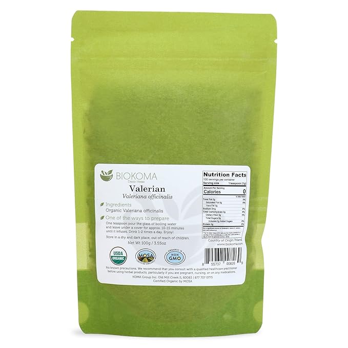 Biokoma Pure and Organic Valerian Dried Root 100g (3.55 oz) in Resealable Moisture Proof Pouch, USDA Certified Organic - Herbal Tea, No Additives, No Preservatives, No GMO, Kosher