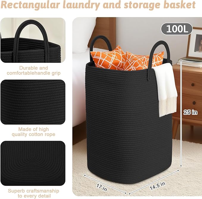 Laundry Basket,Woven Cotton Rope Laundry Hamper,100L Versatile Storage for Dirty Clothes,Baby Toys,and Blankets in Bathroom, Nursery,and Living Room