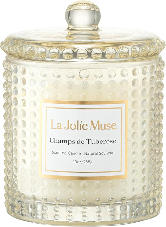 LA JOLIE MUSE Champs de Tuberose Scented Candle - Ylang, Tuberose, Orange Blossom | 10 oz Natural Soy Wax | 55 Hours Clean Burn | Floral Scented Candle | Gift-Ready for Hosts & Gatherings