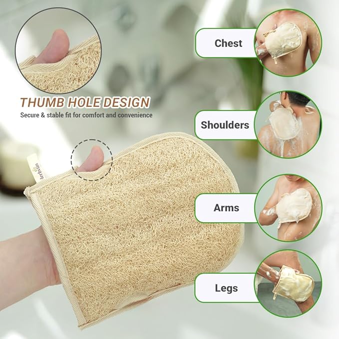 Premium Vietnamese Natural Loofah Gloves – Exfoliating Body Scrubber Mitts with Thumb Holes, Easy Grip Design, for Men & Women, Shower & Bath (Pack of 2)