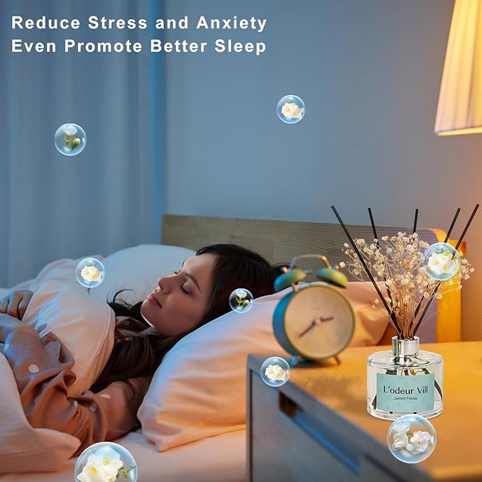 L'odeur Vill Reed Diffuser Set, 6.7 oz(200ml) Jasmine Freesia Scented Diffuser with 6 Oil Diffuser Sticks, Home Fragrance Essential Oil Reed Diffuser for Home Large Rooms Bathroom Shelf Decor