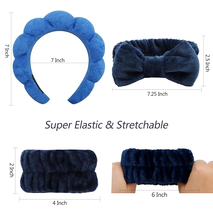 VELSCRUN 6 Pack Spa Headband, Makeup Headband, Face Wash Headbands, Skincare Headbands, Navy Blue Sponge Hair Band Bow Tie Spa Head Band for Washing Face Wristband Set Women Girls Hair Accessories