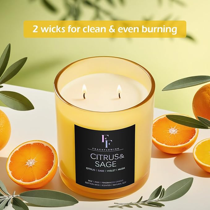 Citrus & Sage Scented Candle, 2-Wick Luxury Soy Wax Candle, 9 oz Aromatherapy Candle Home Fragrance Candles Gift
