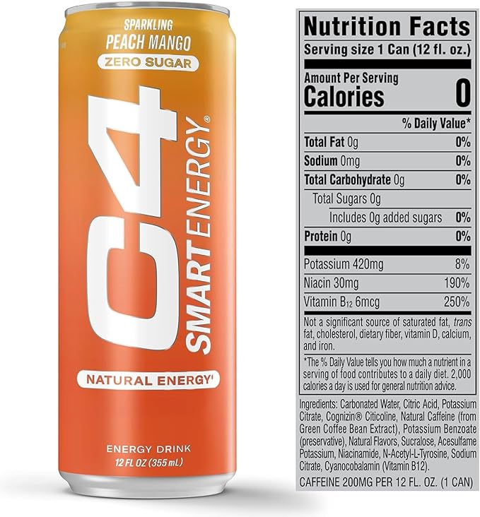 Cellucor C4 Smart Energy Drink ‚ Boost Focus and Energy with Zero Sugar, Natural Energy, and Nootropics - 200mg Caffeine - Peach Mango (12oz Pack of 12)