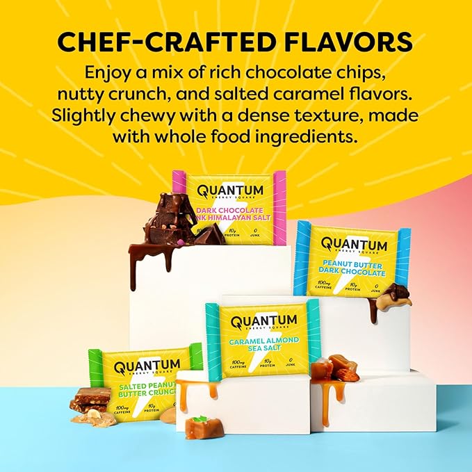 Quantum Energy Square: Energy Bar with Caffeine & 10g Protein. Delicious Healthy Snack On The Go. (Vegan, Gluten-free, Soy-free, Dairy-free) (Variety 8-Pack)
