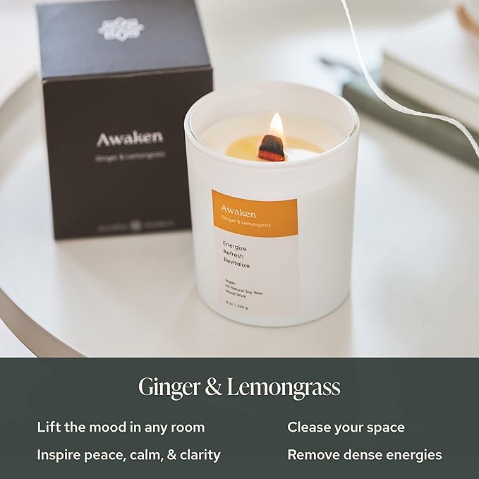 Mindful Modern Natural Awaken Candle | Ginger & Lemongrass Scented | Aromatherapy for Stress Relief, Meditation, Yoga, Chakra Healing, & Prayer | Elegant Home Fragrance | Soy Wax | 8oz Glass Jar