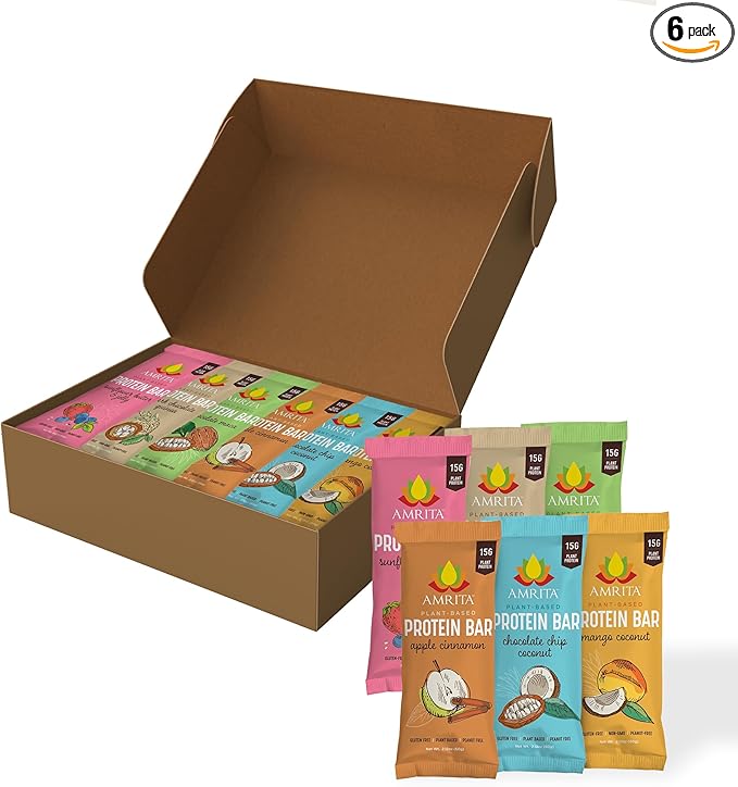 Amrita Nut Free 6 Flavor Variety Vegan Protein Bars | 11g to 12g Plant-Based Protein Bar | Peanut Free, Gluten Free, and Dairy Free | Low Sugar, High Fiber, Healthy School-Safe Snacks