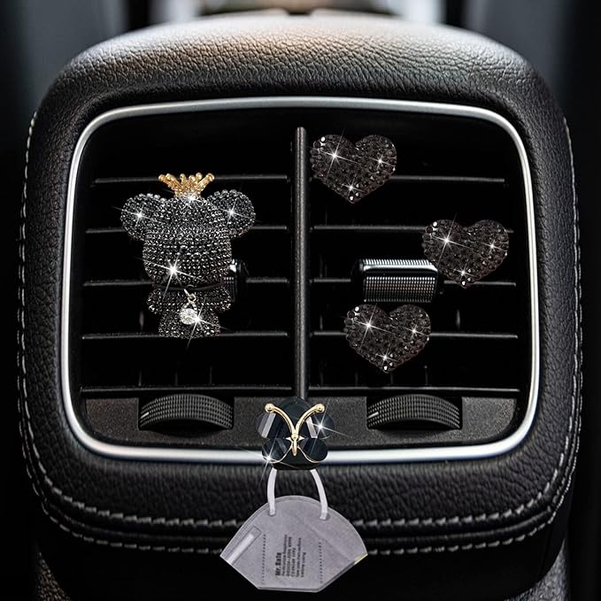 Black Heart & Bear Air Vent Clips, 4 Pcs Bling Heart Car Air Fresheners Diamond Car Diffuser Car Interior Decor Charm Cute Car Accessories Car Decoration for Women + Cute Butterfly Mask Hook