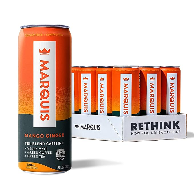 Marquis - Natural Energy Drink - Mango Ginger - Sugar Free - 0 Calories - 100mg of Organic Plant Based Caffeine - Yerba Mate - Green Tea - Vitamin C & B Vitamins - Vegan - 12 oz Cans - 12 Pack