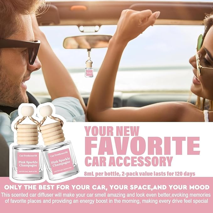 Car Air Freshener Hanging, Essential Oil Diffuser for Car, Pink Sparkle Champagne Fragrance Oil Air Diffuser, Long Lasting Air Freshener, air Fresheners for Women, Made in USA