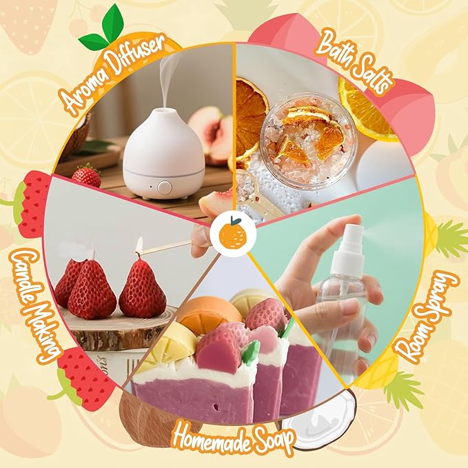 ARVIDSSON Fruits Essential Oils Set, Natural Fruity Fragrance Oil for Candle & Soap Making - Sweet Orange, Pineapple, Coconut, Cranberry, Peach, Strawberry, Aromatherapy Diffuser Oils Gift Set