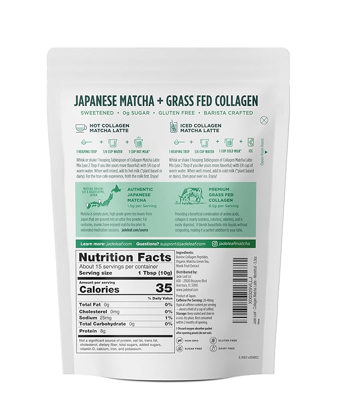 Jade Leaf Matcha Café Style Sugar Free Matcha Latte Green Tea Powder with Grass Fed Collagen, Monkfruit Sweetened, Premium Barista Crafted Mix, Authentically Japanese, 15 Servings (5.3 Ounces)