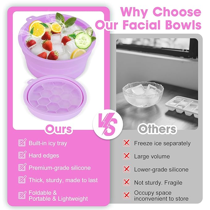 Face Bowl for Ice Silicone Facial Bowls with Built - in Tray Foldable Washbasin for Face Tub Plunge & Cold Plunge Quick Skin Cooling in Ice Baths -Bath Spa Tool for Home Camping Travel & Purple