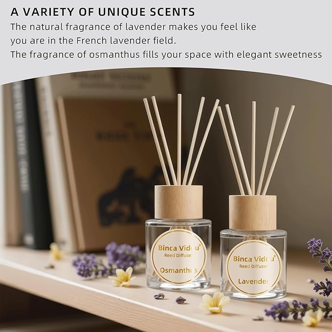 Reed Diffuser Set, Binca Vidou Lavender & Osmanthus Natural Perfume Scent Oil Diffusers with Sticks & Spray Bottle for Home Office Bathroom Aromatherapy Decor 1.69oz x 2