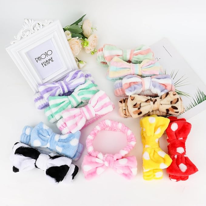 Casoty 12 Pcs Spa Headbands, Skin Care Headband, Soft Coral Fleece Makeup Head Bands, Bow Hair Band for Face Washing Shower Skin Care Yoga
