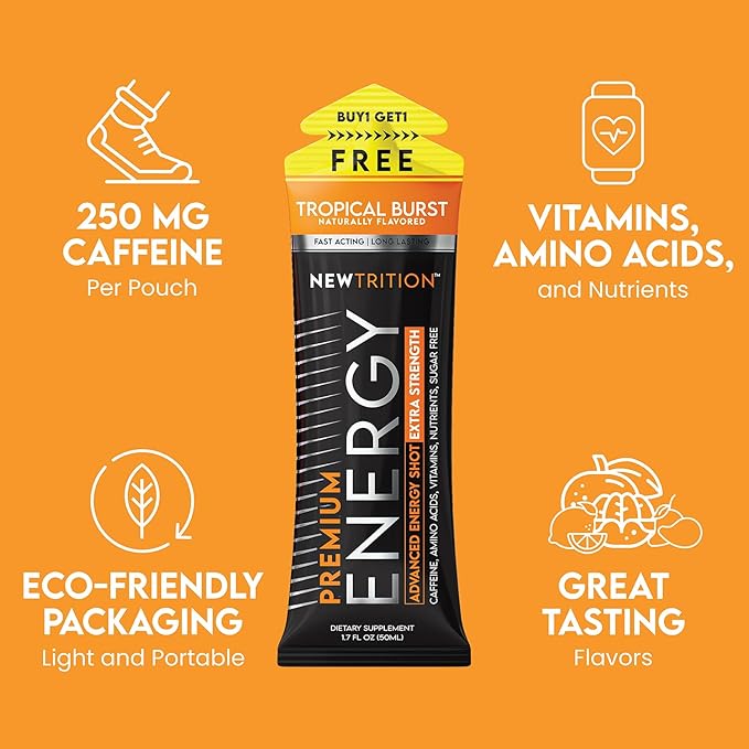 NewTrition® Extra Strength Energy Shots, 250mg Caffeine Shots with Vitamin B & Amino Acids, Sugar-Free Vitamin Energy Shot, 1.7 fl oz (Pack of 24, Tropical Burst)