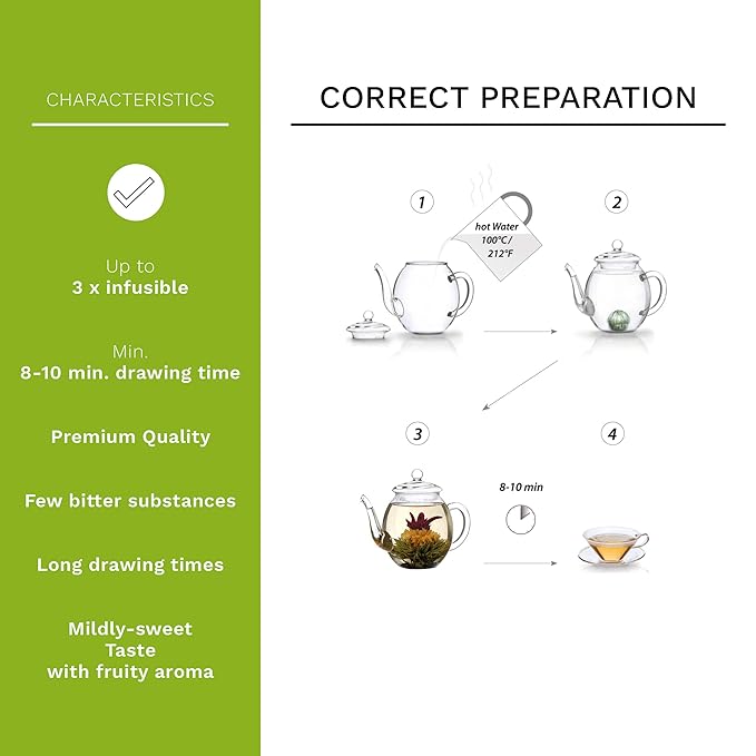 Creano Tea Flowers Mix - Blooming Green Tea, Fruity Flavoured (Roses in 6 Varieties), Flowering Set