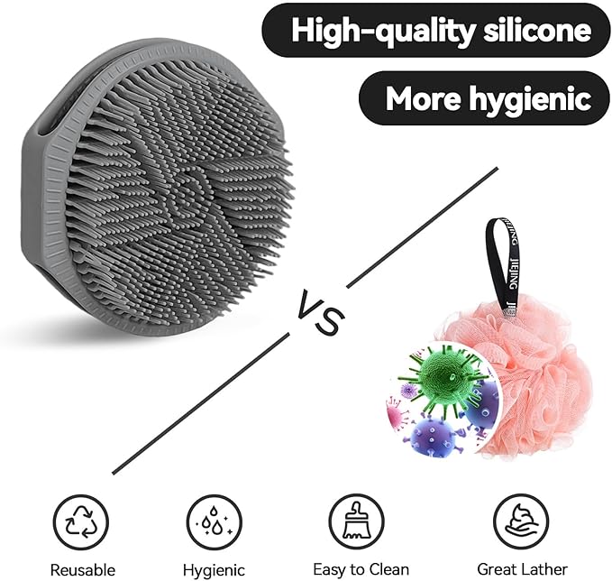 2-Pack Soft Silicone Dual-Sided Body Scrubber & Loofah | Gentle Exfoliating Shower Brush for Men & Women | Creates Rich Lather, Easy to Clean (Gray & Purple)