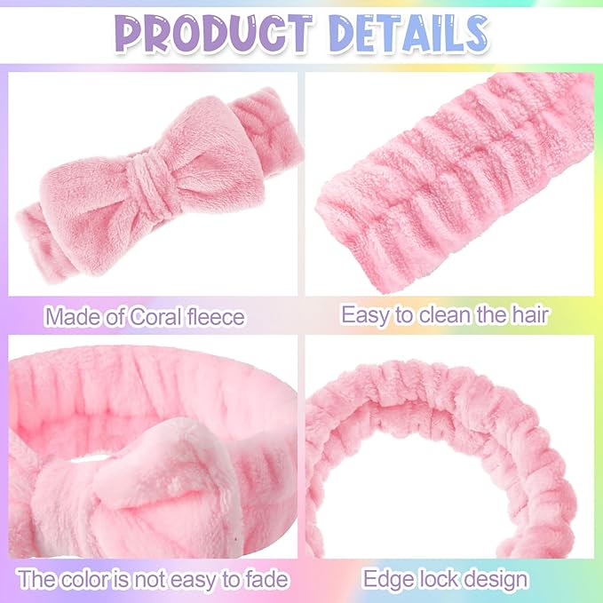 WILLBOND 48 Pieces Pastel Spa Headband Bulk Flannel Bow Hair Band Fluffy Plush Facial Makeup Headband for Women Washing Face Spa Shower Cleansing
