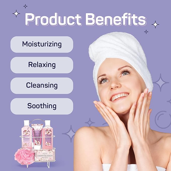 SpaLife Cherry Blossoms Gift Set - 5-Piece Bath and Shower Caddie, Bubble Bath, Shower Gel, Bath Salts, Body Lotion, Relaxing Luxury at Home Spa Experience, Perfect Mother's Day Bath Gift for Women