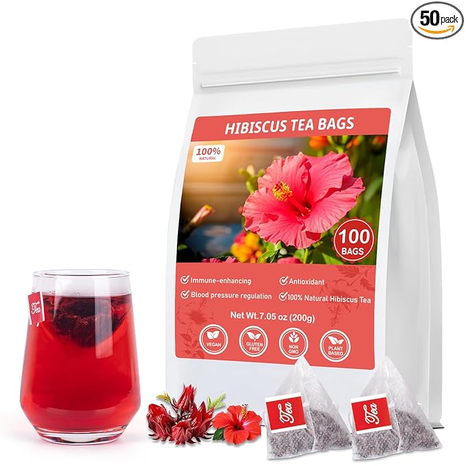 Hibiscus Tea Bags, 100% Natural Hibiscus Flowers Herbal Tea Supports Heart Health, Boosts Immune,Caffeine Free, Non-GMO, No Sugar(1 Pack/100 Bags)