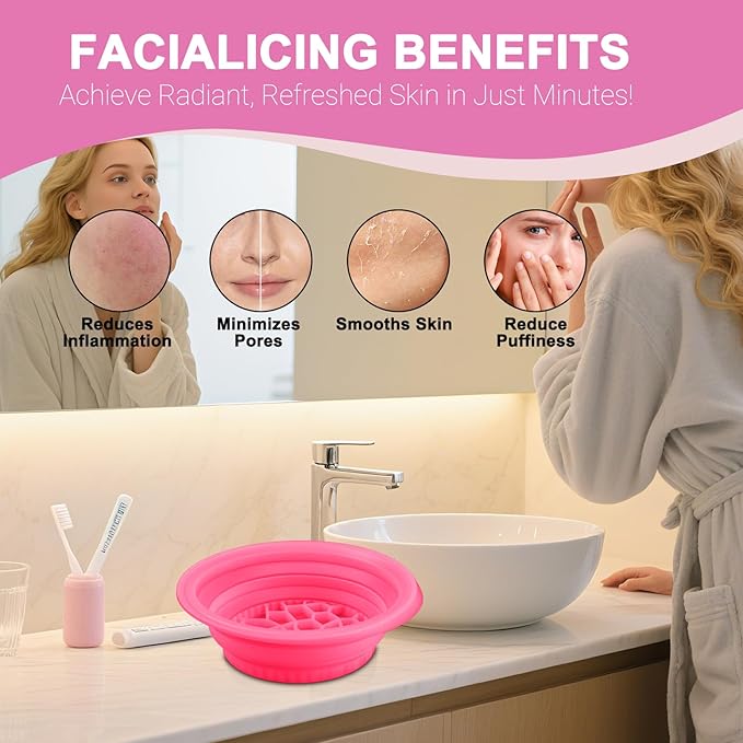 Face Bowl for Ice with Built-In Ice Tray – Collapsible Silicone Facial Ice Bath Bowl for Cold Plunge Therapy, Acne Relief & Skin Tightening – Rose Red Home, Camping & Travel Portable Spa Tool