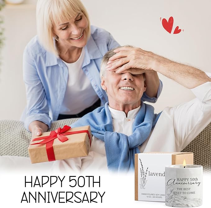 50th Anniversary Candle for Couples 50th Golden Anniversary Wedding Gifts for Parents Women Men Lavender Happy 50 Year Aniversario Candle Gifts for Wife Husband 6 oz