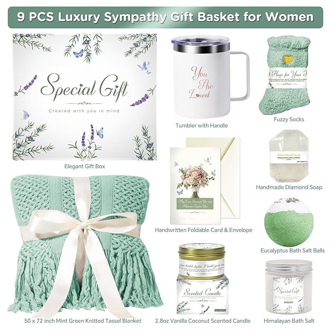 Self Care Gift Basket for Women.Spa Gift Set w Tassel Blanket.Birthday,Get Well Soon,Mother’s Day, Sympathy,Thinking of You Care Package,Relaxation Gifts for Mom,Wife,Grandma,Friend,Her.