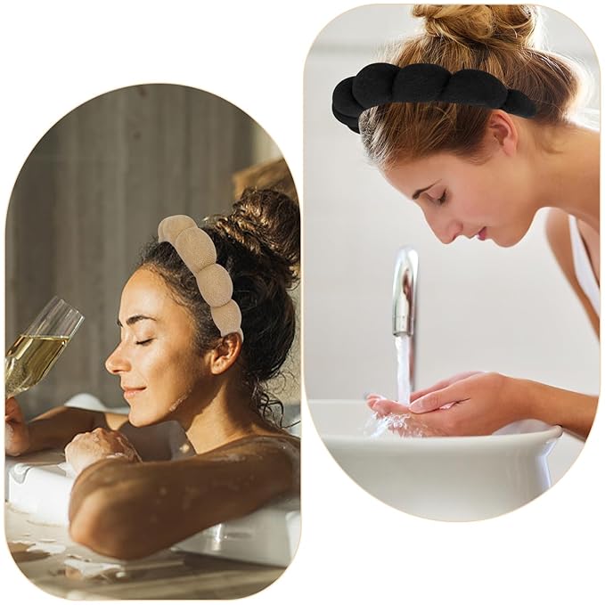 AMCAMI Puffy Spa Headband for Women Sponge Headbands for Girls 2 PCS Terry Towel Cloth Fabric Head Band for Skincare,Makeup Removal,Face Washing,Facial Mask,Shower,Hair Accessories(Black&Light Coffee)