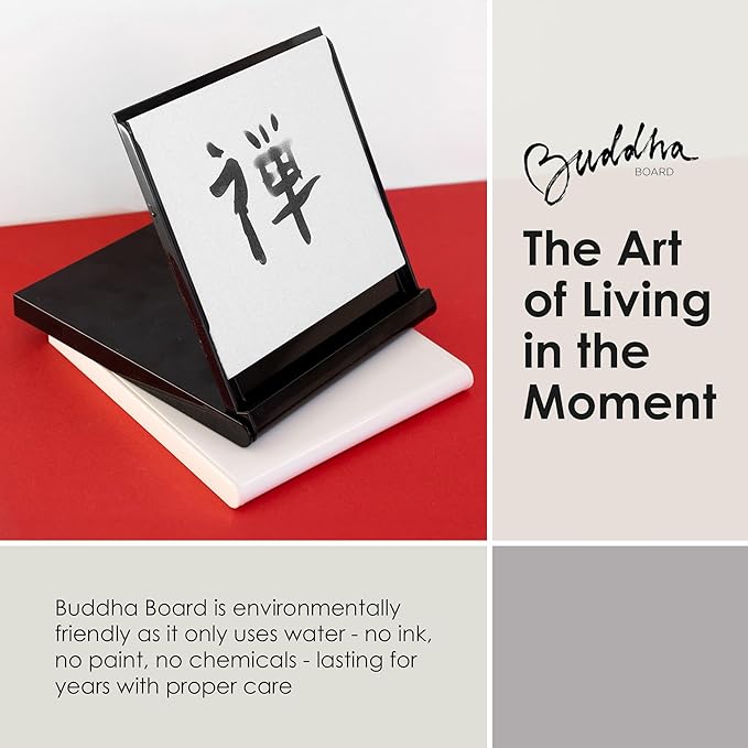 Mini Buddha Board Art Set: Water Drawing Writing Board w/ Mini Water Brush for Mindfulness & Meditation – Zen Based Drawing Board - Painting & Art Supplies – Ideal Relaxation Gifts (5” x 5”, Black)