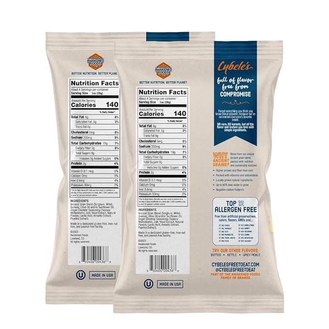 Cybele's Free-to-Eat Ancient Grain Pops - Healthy Snacks, All Natural, Gluten-Free, Vegan, No Preservatives or Additives (Cheddar Pops 4oz, Pack of 2)