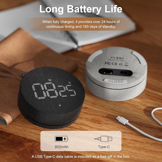 AVINIA Desk Timer for Productivity Magnetic Digital Kitchen Timer Rechargeable Fabric Mesh Cover 99 Mins Countdown/Count Up Stylish Efficana Konah Home Timmer for Cooking-Black