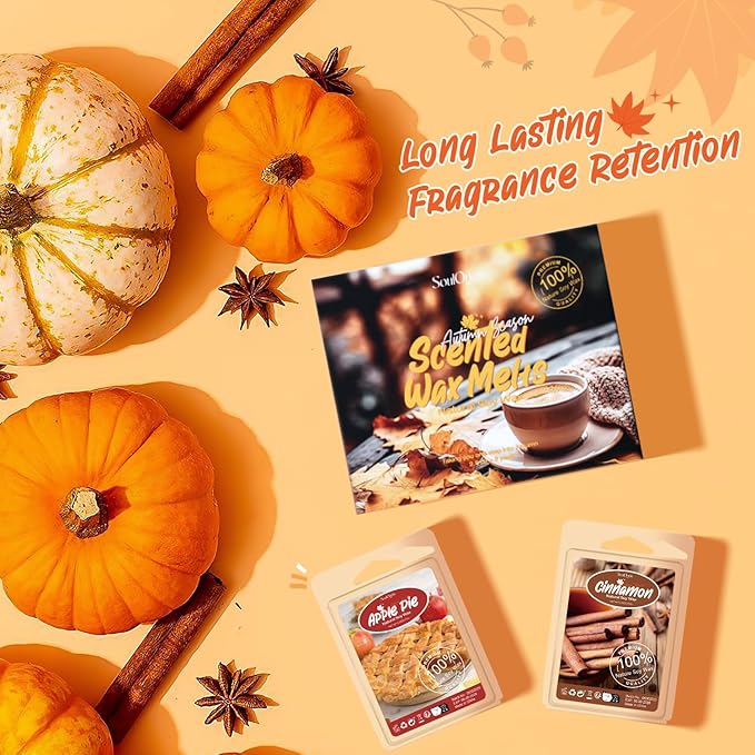 Autumn Scented Wax Melts, Scented Soy Wax Cubes Gift Set for Wax Warmer-Pumpkin Spice, Apple Cider, Apple Pie, Autumn Harvest, Cinnamon, Maple Syrup, Candy Corn, and Autumn Wreath, 8x2.5oz