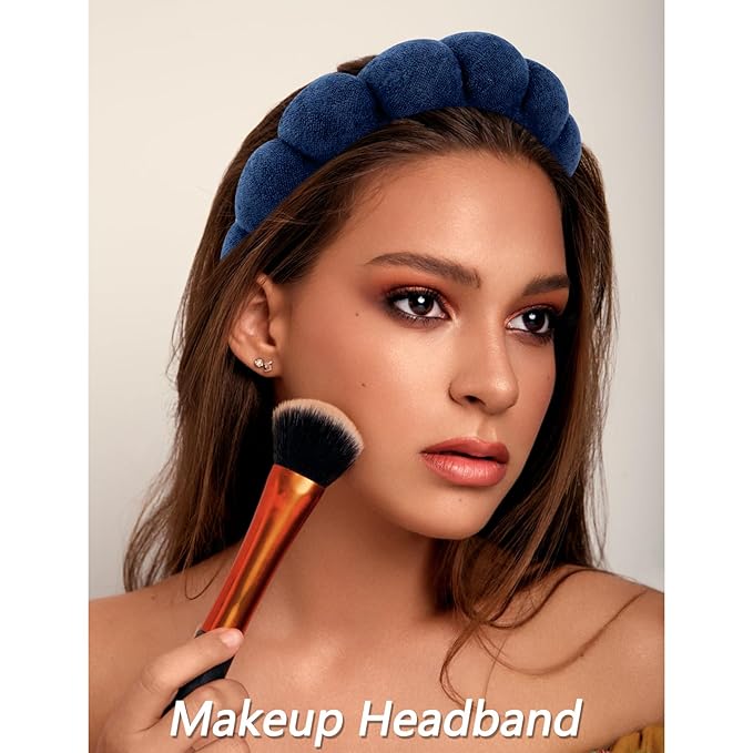 VELSCRUN Spa Headbands for Wash Face, Makeup Headband, Facial Skincare Headbands, 5 Pcs Dark Blue Puffy Sponge Spa Headband Bow Tie Hair Band Hair Clips Wristband Set Women Girls Accessories
