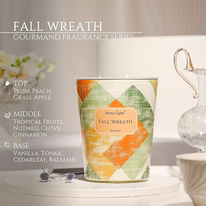 HomeLights Large jar Candle | 3-Wick Long-Lasting Scented Candles, 34oz Natural Soy Wax Candle for Home Scented, Rustic Modern Gifts for Women & Men, Fall Wreath