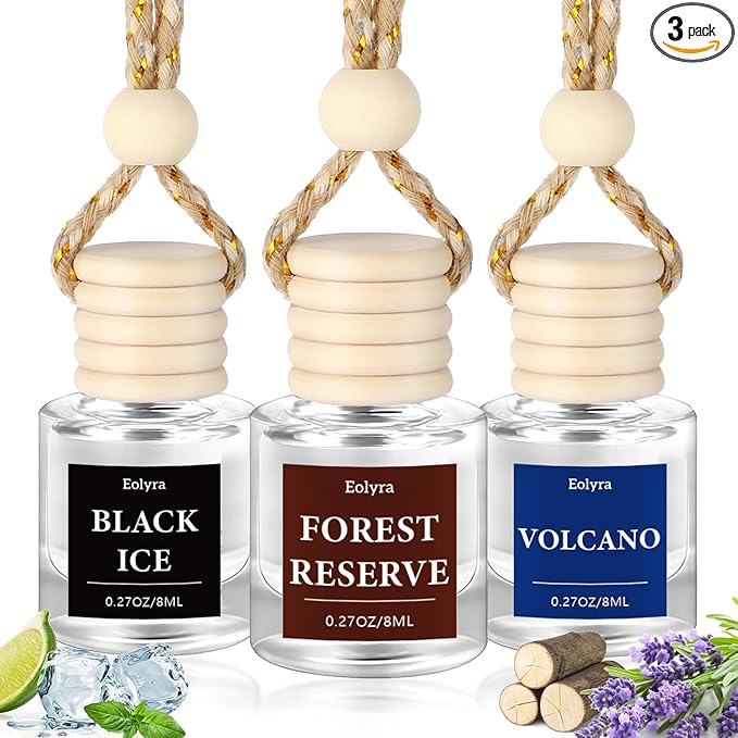 Hanging Car Air Freshener (Pack of 3) : Luxury Car Perfume for Women Men | Cute & Reusable Bottle with 45+ Days Long-Lasting Fragrance Oil Diffuser, Black ice & Forest Reserve & Volcano