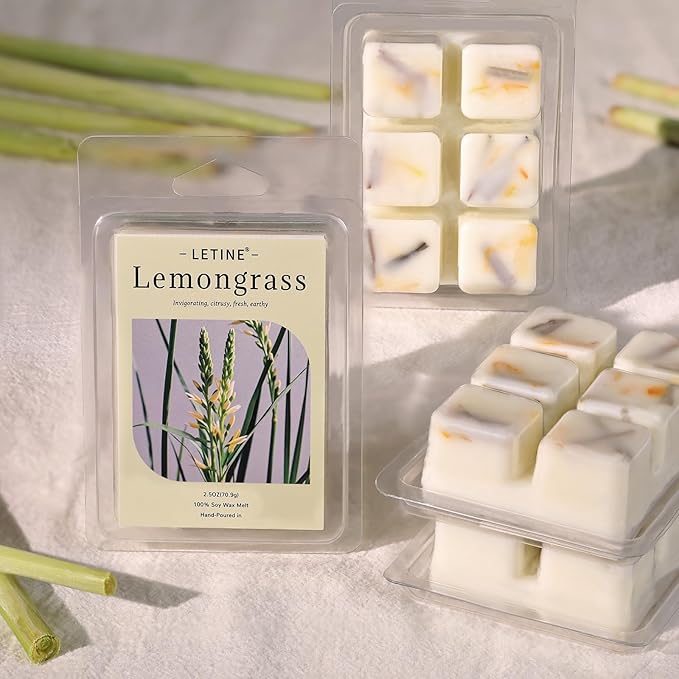 LETINE Wax Melts 10oz(4 Pack), Lemongrass Scented Wax Melts, 100% Soy Wax Melts Wax Cubes with Natural Strong & Non Toxic Essential Oil for Warmer, Gifts Set for Home Fragrance/Spa/Aromatherapy