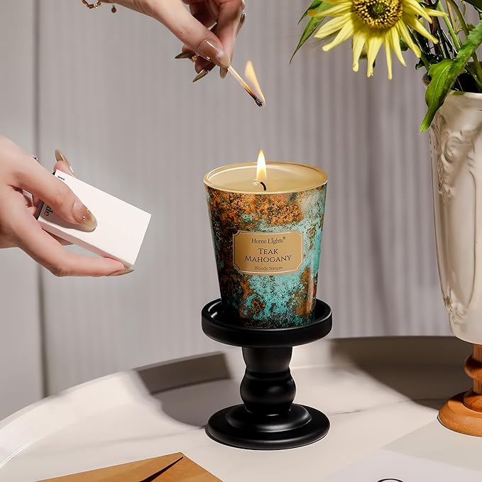 HomeLights Large jar Candle | 1-Wick Long-Lasting Scented Candles, 6.7oz Natural Soy Wax Candle for Home Scented, Industrial Chic Gifts for Women & Men, Teak Mahogany