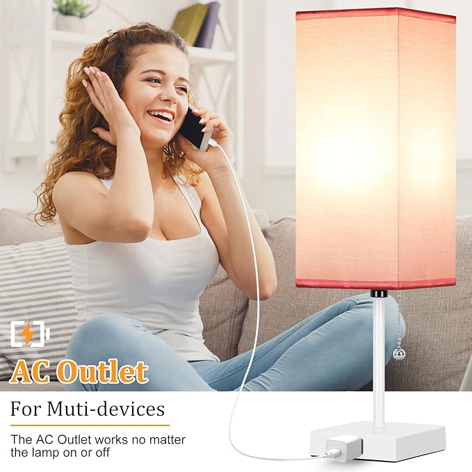 18'' Table Lamp for Bedroom set of 2,3-Color Bedside Lamps with Pull Chain Table Lamps for Night stands ,Small Night Light Lamps with 2 Bulbs Lamps for Living Room Kids Room Office Decor(Pink+White)
