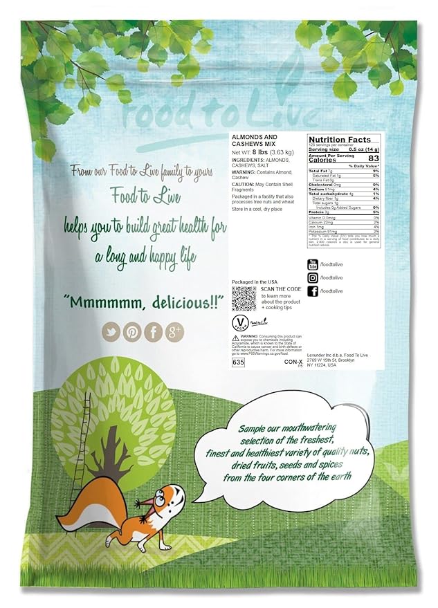 Food to Live Almonds and Cashews Mix, 8 Pounds – Dry Roasted Nuts with Himalayan Salt, Protein Rich Trail Mix, Healthy Vegan Snack, No Oils and Preservatives, Good Source of Fiber. Bulk