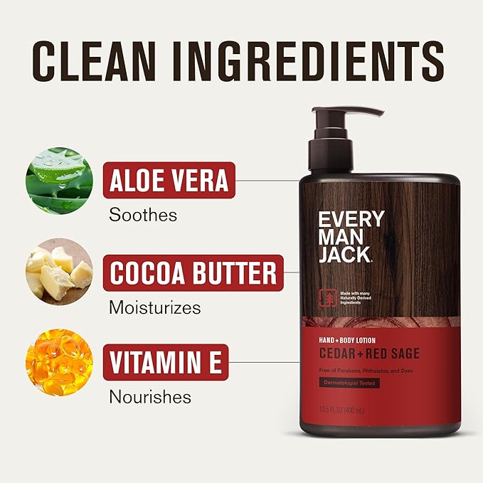 Every Man Jack Mens Cedar+ Red Sage Hand & Body Lotion for All Skin Types - Dermatologist Tested & Hypoallergenic - Nourish Skin with Lightweight Fast Absorbing Lotion - 13.5oz (2 Pack)