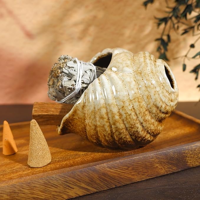Mini Conch Chiminea Palo Santo Burner - Ceramic Smudging Bowl/Incense Chimney Works with Palo Santo Sticks/Sage/Copal,Tabletop Altar, Thoughtful Gifts for Meditation, Yoga, Aromatherapy