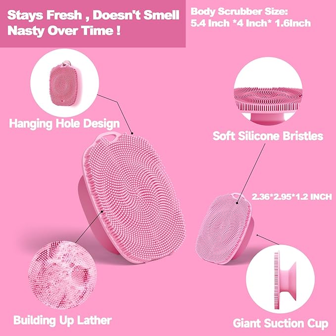 Soft Silicone Body Scrubber, Gentle Like a Hand Exfoliating Your Skin and Build Up Lather, Back Large Suction Cup Easy to Store, & Deep Clean (Body Scrubber + Face Scrubber Pink)