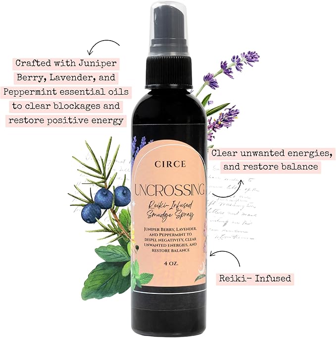 Circe Uncrossing Smudge Spray – 100% Natural Smoke Free Alternative to Remove Unwanted Energies & Renew Positivity - Juniper, Lavender & Peppermint Blend - Cleansing, Clarity, Self Care, Gift - 4oz