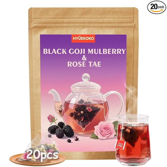 20 Bags Black Goji Mulberry & Rose Tea, Natural Ingredients Chinese Herbal Tea Bags, No Additives, Caffeine-Free Plant-Based Tea Sachets