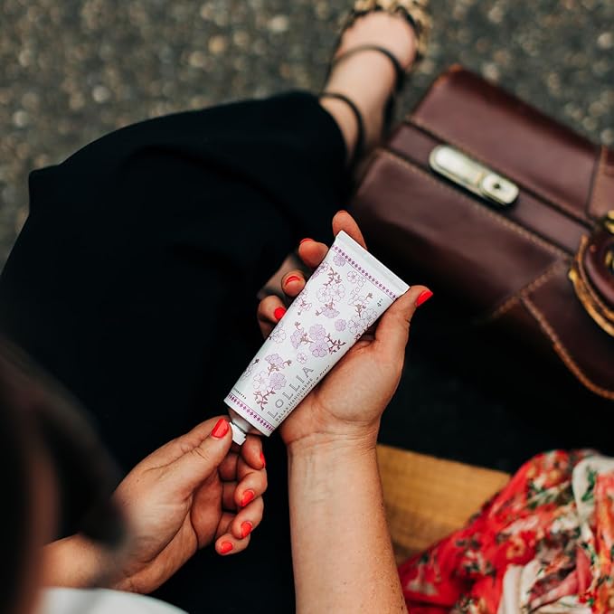 LOLLIA Relax Handcreme, 4 oz, Sugar Cane, Vanilla Bean, & Jasmine, Scented Hand Cream for Women, Moisturizing Lotion for Dry Hands, Quick Absorbing Shea Butter & Cocoa Butter, Luxury Purse Essentials